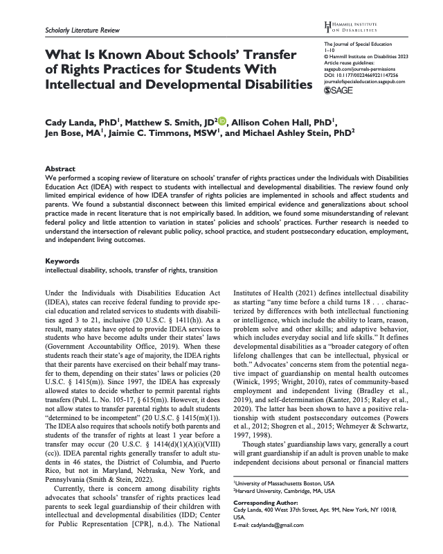 What Is Known About Schools’ Transfer of Rights Practices for Students With Intellectual and Developmental Disabilities